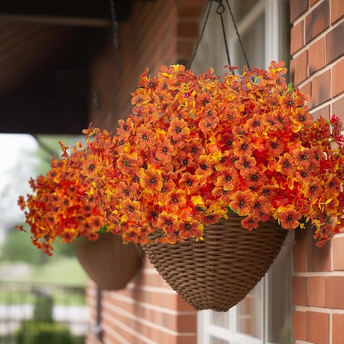 16 Bundles Artificial Fall Flowers for Outdoors Fake Plants UV Resistant Plastic Plants Shrubs Bushes for Home Fall Front Door Porch Garden Autumn Decor (Fall Orange) Grunyia