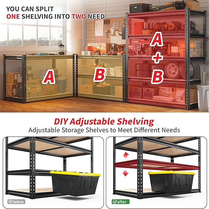 REIBII 2400LBS Storage Shelves 5 Tier Garage Shelving Heavy Duty, Adjustable Metal Shelving, Garage Shelves for Basement, Warehouse, Pantry, Closet, Kitchen 72" H x 35.55" W x 16" D, Black, 3 Pack REIBII