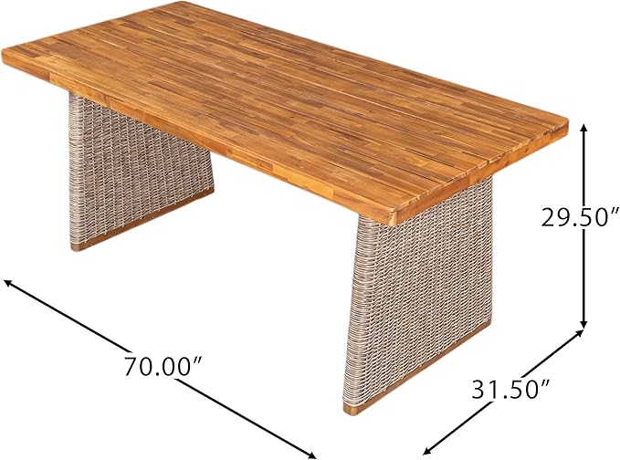 Christopher Knight Home Pasco Acacia Wood Outdoor Dining Table Set for 6, Wicker Patio Dining Set with Acacia Wood Table and Bench, Patio Table and Chair Set with Cushion+Rope Backrest,Brown+Teak+Grey ChristopherKnightHome