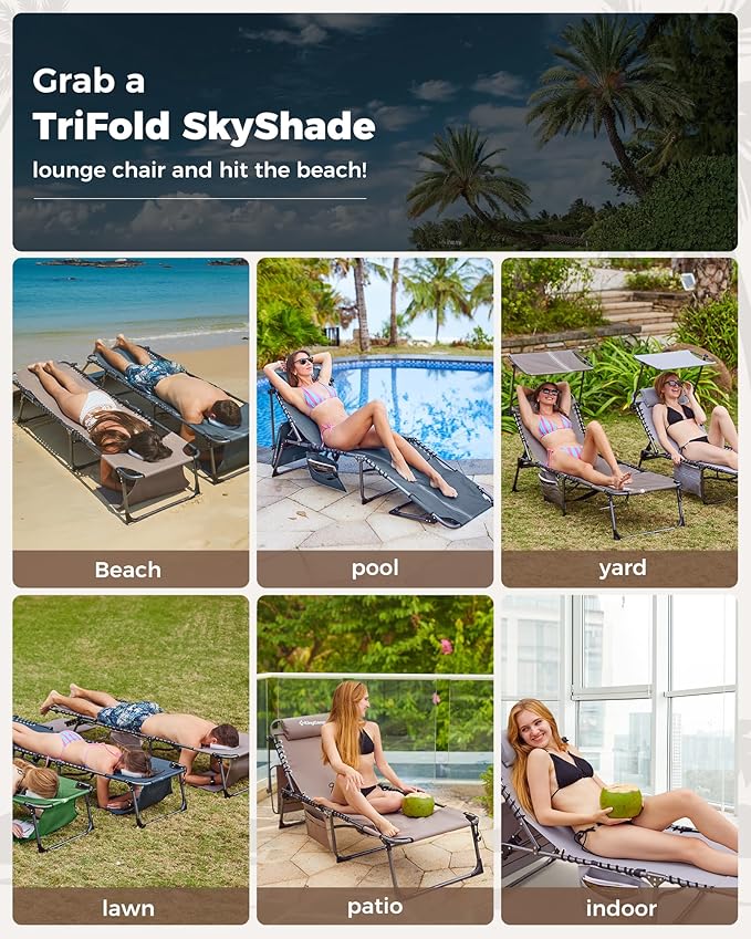KingCamp Tanning Chair with Face Hole, Lounge Chairs Outdoor Folding Comfy Adjustable 5-Position Foldable Chaise Chaser with Canopy Shade for Outside Beach Patio Sun Bathing, Beige KingCamp