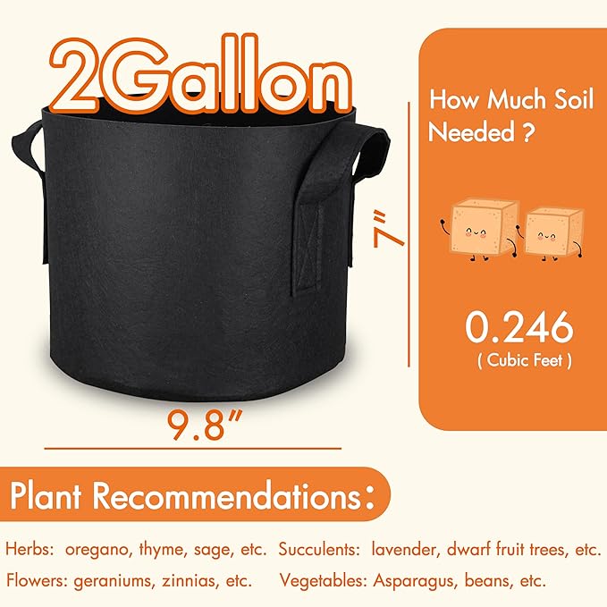 Gardzen 6-Pack 2 Gallon Grow Bags, Aeration Fabric Pots with Handles, Heavy Duty Cloth Pots for Plants Gardzen