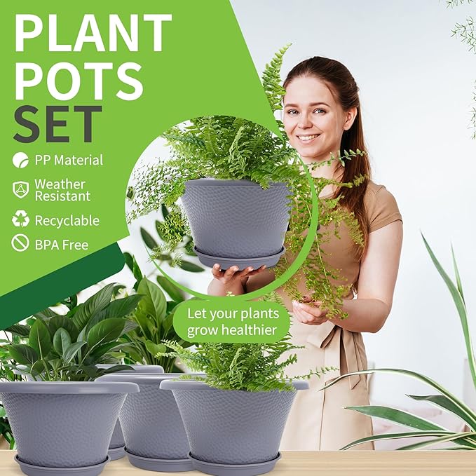 Quarut 12 Inch Large Planter Pot for Plants Indoor Outdoor, 4 Pack Plastic Flower Pots with Drainage Hole & Tray, Modern Decorative Garden Pot with Saucer, Plant Container for House Grey Quarut