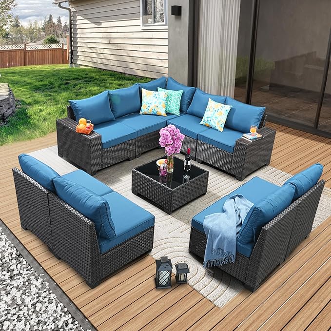 10 Pieces Patio Furniture Set All-Weather Outdoor Wicker Sectional Conversation Sofa Rattan Patio Seating Sofa with Cushion and Glass Table for Porch Poolside,Peacock Blue JOYURE