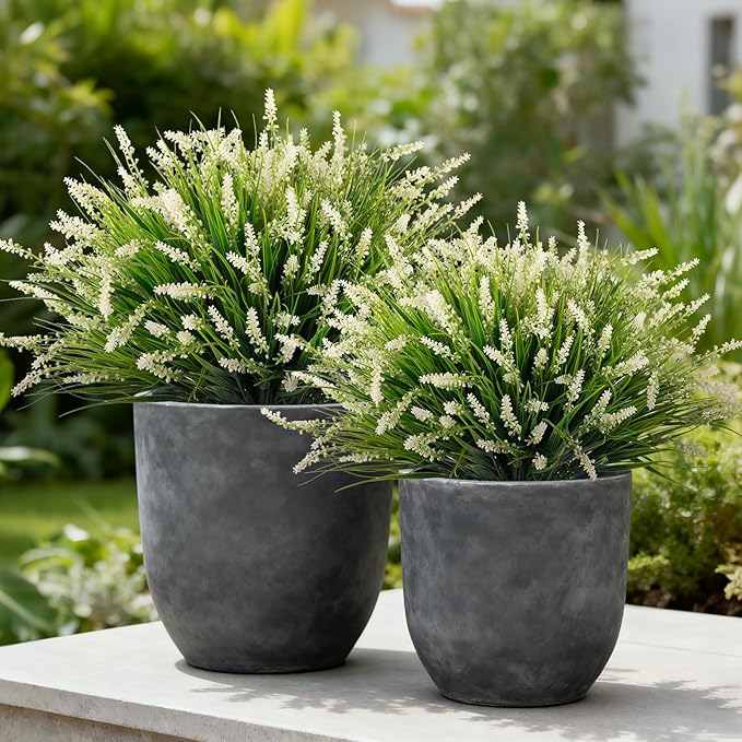 24 Pcs Artificial Faux Plants for Outdoor Spring Decoration, Fake Monkey Grass for Garden Porch Balcony Planters, Fake Greenery Shrubs UV Resistant No Fade Plants Bush for Pathway(White) Ammyoo