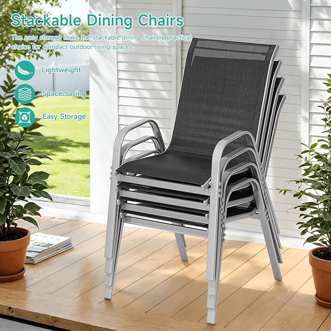 Patio Chairs Set of 6, Easily Set Up Stackable Outdoor Dining Chairs with High Back and Wide Seat, All Weather Breathable Outdoor Chairs Set of 6 with Metal Frame for Backyard Deck Pool, Black Dovov