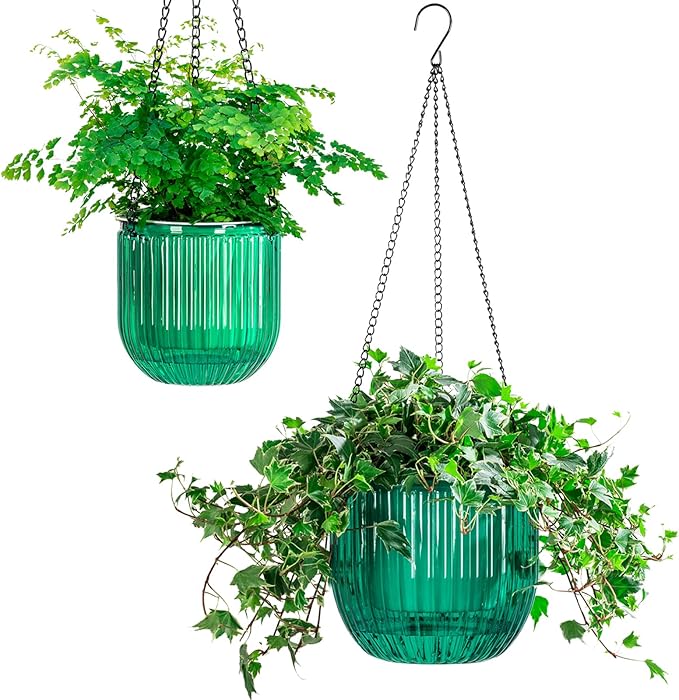 Melphoe 2 Pack Self Watering Hanging Planters Indoor Flower Pots, 5.3/8.3 Inch Outdoor Hanging Basket, Plant Hanger with 3Hooks Drainage Holes for Garden Home (Emerald) Melphoe
