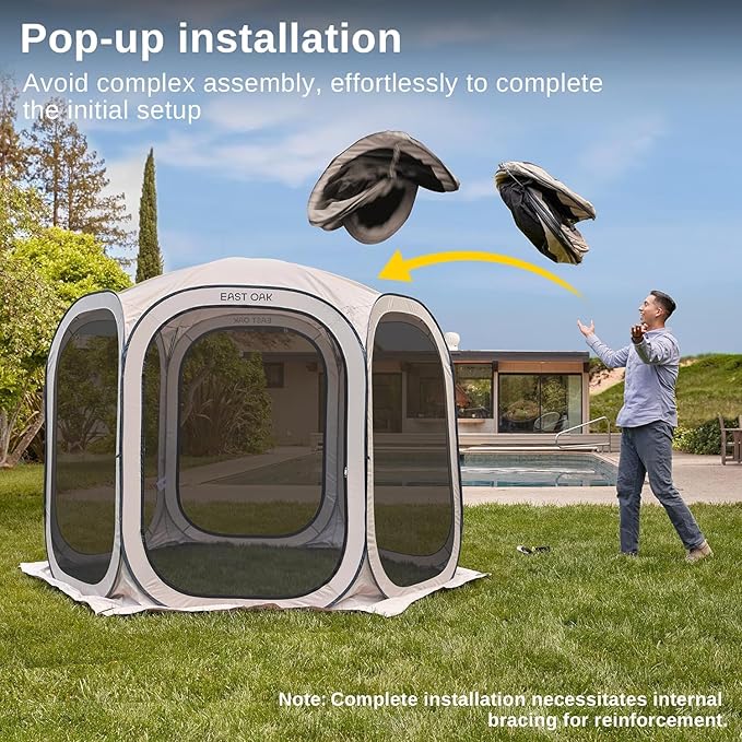 East Oak Screen House Tent Pop-Up, Portable Screen Room Canopy Instant Screen Tent 12 x 12 FT with Carry Bag for Patio, Backyard, Deck & Outdoor Activities, Brown EASTOAK