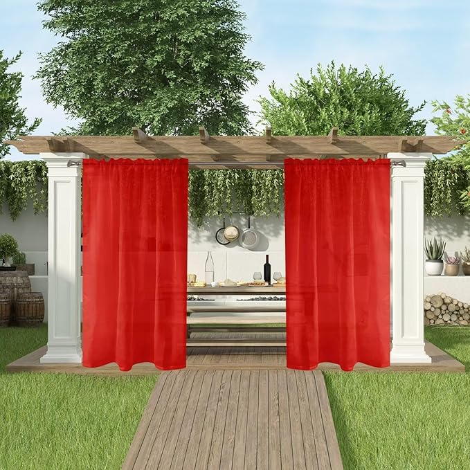 SpaceDresser Waterproof Outdoor Sheer Curtains for Patio - 4 Panels Rod Pocket Indoor Voile Sheer Curtain for Living Room,52W x 120L inch,Red SpaceDresser