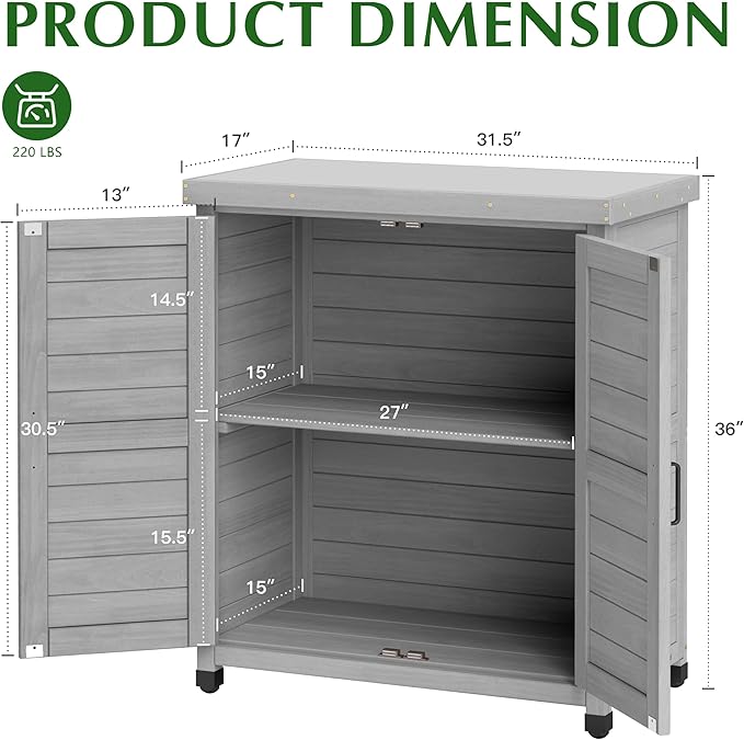 Outdoor Storage Cabinet & Potting Bench Table with Metal Top, Wooden Patio Furniture, Garden Workstation (Classic Grey, 36x31x17in) OutdoorFurniture