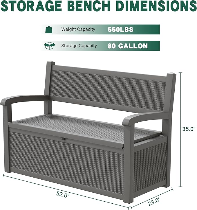 80 Gallon Outdoor Storage Box, Resin Patio Furniture with Armrest, Lockable Deck Box with Waterproof and UV Resistant for Patio Cushions, Garden Tools and Pool Supplies, Grey Rootora