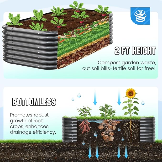 Quictent Galvanized Raised Garden Bed Kit, 8x4x2 ft Oval Metal Planter Box Tall for Vegetables Outdoor Backyard, Strengthened by Crossbar, Dark Gray QUICTENT