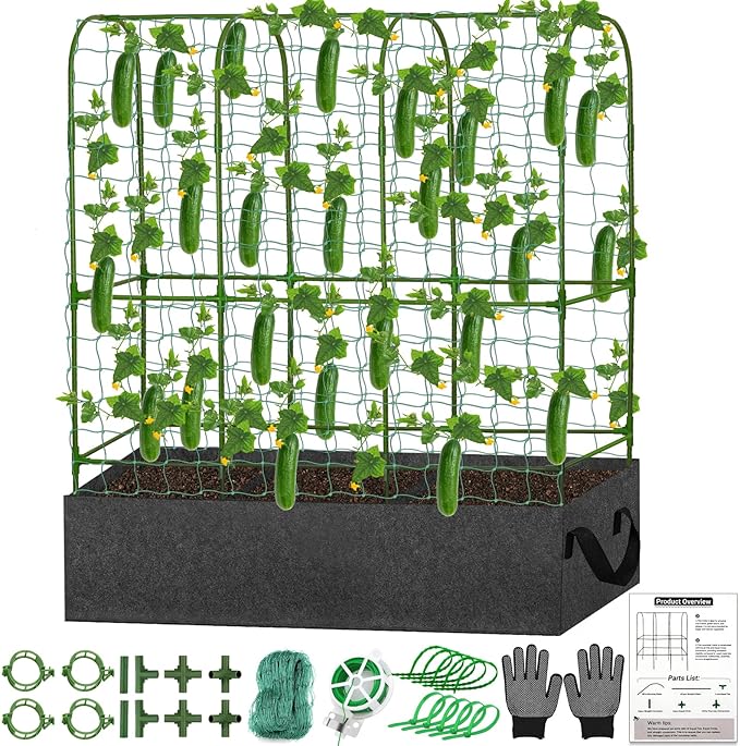 U-Shape Cucumber Trellis with Fabric Raised Garden Bed 65x50 Inch Metal Garden Arch Trellis with Net, Climbing Plants Vegetables Heavy-Duty Outdoor Plant Support for Pea, Grape, Squash, Tomatoes LifeisLuck