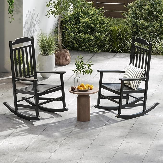Patio Rocking Chair Outdoor Set of 4,Weather Resistant Poly Resin Oversized Porch Rocker,High Back Smooth Design,350lb Weight Capacity,Indoor Outdoor Use(4, Black) GYMHILL