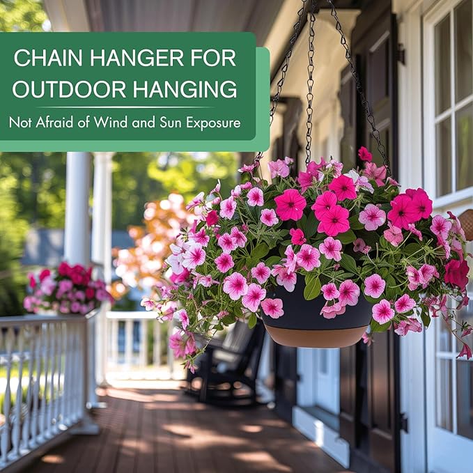 Set of 2-10 Inch Hanging Planters for Indoor Plants with Self-Watering Includes Hanging Pots for Plants, Outdoor Hanging Plant Pot with Drainage, and 2 Types of Hanging Baskets Hangers (Black, 10inch) Montresor