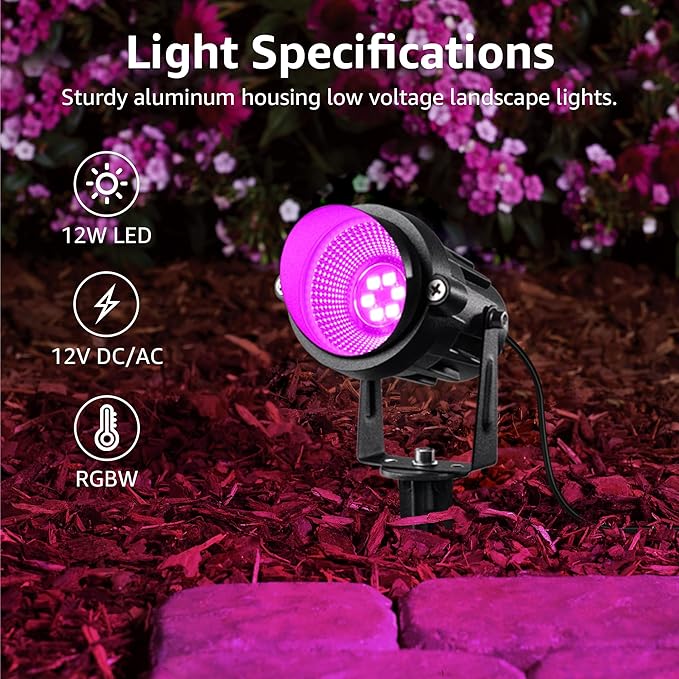 SUNVIE 12 Pack RGBW Color Changing Landscape Lights with 300W Low Voltage Landscape Transformer 12-24V LED Landscape Lighting Kit Waterproof Multicolor Spotlights for Christmas House Yard Tree Garden SUNVIE