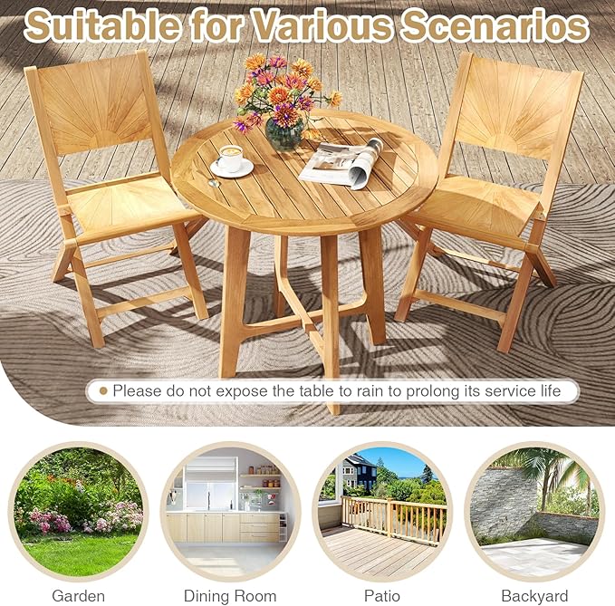 Tangkula 31.5" Round Patio Dining Table, Teak Wood Outdoor Dining Table with Slatted Tabletop, X-Shaped Frame & 4 Sturdy Supporting Legs, Indoor or Outside Table for Deck, Garden, Poolside & Backyard TANGKULA