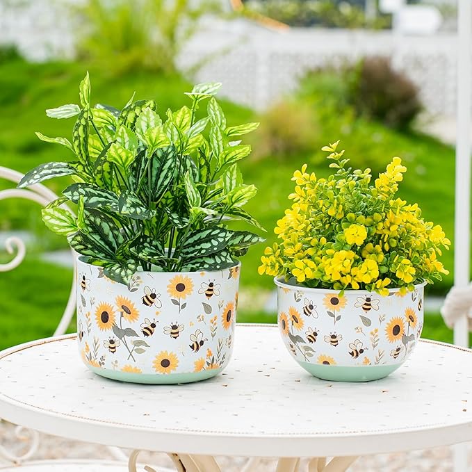 Butterfly & Bee Metal Planters Set of 2 – Decorative Flower Pots with Colorful Garden Prints, Outdoor & Indoor Use Cute Spring Floral Design for Patio, Balcony, Home Decor (Bee) JointHonglin