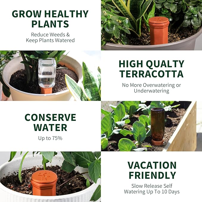 Large Terracotta Watering Spikes with Lids, Automatic Plant Waterer Outdoor | Indoor, Vacation Friendly Clay Plant Watering Devices System, Slow Release Self Watering Planter Insert, 4 Pack SoilaguaDirect
