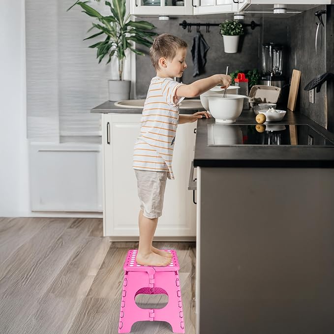 Delxo Folding Step Stool,11 Inch Non-Slip Foldable Step Stools for Kids and Adult,Portable Lightweight Small Folding Stool with Handle for Kitchen Bathroom in Pink,1 Pack Delxo