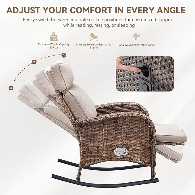 Zero Gravity Patio Rocking Wicker Recliner Chair - Wicker Outdoor Lounge Chair with Adjustable Backrest & Footrest, All Weather Reclining Rocker Chairs with Thick Cushion for Pool Deck Beige JelwalyPatioFurnitureSet
