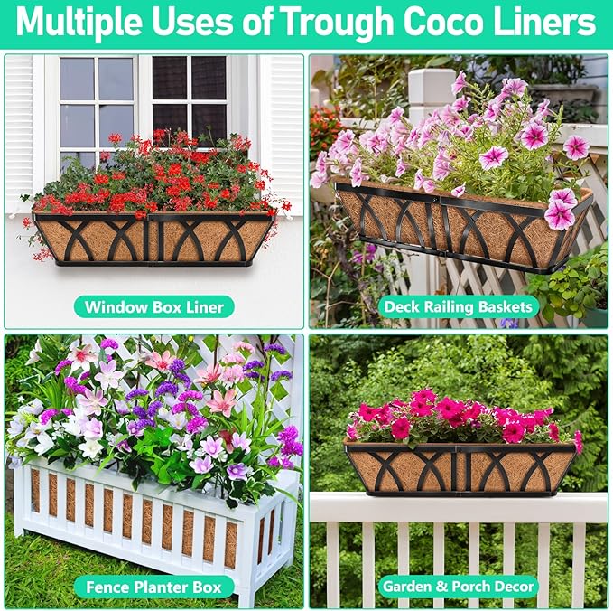 Riare 4 Pack 36 Inch Rectangle Coconut Liners for Planters, Natural Coconut Fiber Planter Liners, Window Box Liner Trough Coco Liner for Outdoor Flower, Garden Wall, Deck & Fence Planter Boxes Riare