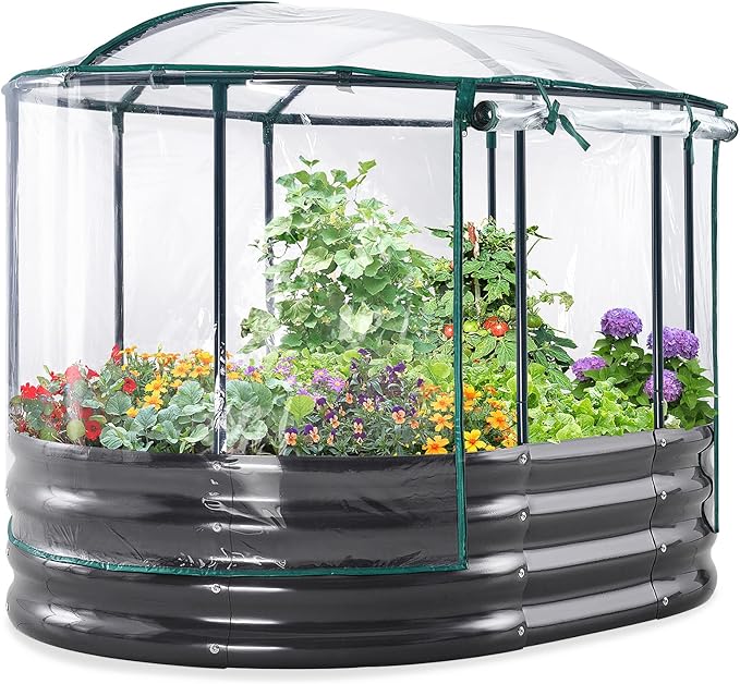 KING BIRD Raised Garden Bed with Cover Galvanized Oval Planter Garden Box Outdoor for Gardening, Vegetables, Flowers 47.2x35.4x11.8 in, Clear KINGBIRD