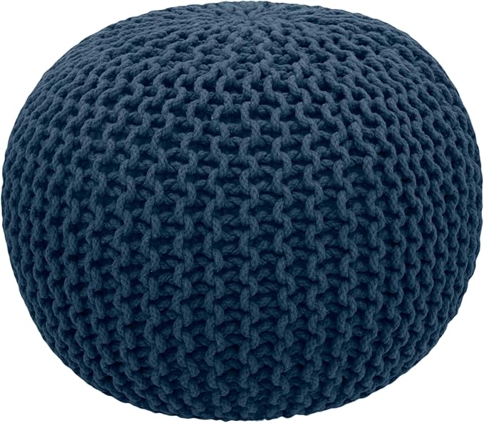 COTTON CRAFT - Hand Knitted Cable Style Dori Pouf - Blue - Floor Ottoman - Cotton Braid Cord - Handmade & Hand Stitched - Truly one of a Kind Seating - 20 Dia x 14 High COTTONCRAFT