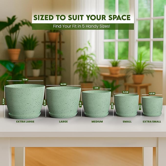 Utopia Home - Spotty Plant Pots Indoor with Drainage - 7/6.6/6/5.3/4.8 Inches Flower Pots - 10 Pack Plastic Planters - Ideal for Stocking Stuffers - (Speckled Mint, Pack of 10) UTOPIAHOME