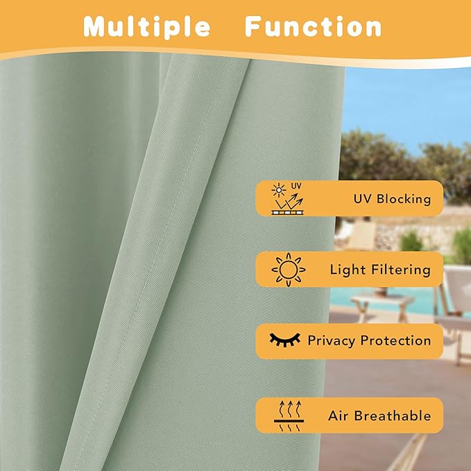 HolidayIdeas Outdoor Curtains for Patio Waterproof, 4 Panels - 54 x 108 Inch - Privacy Protection & Light Filtering Curtains Grommet Outside Curtains for Porch, Backyard (Sage Green) HolidayIdeas