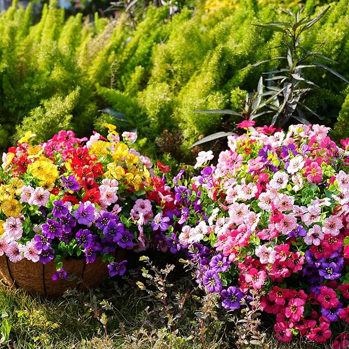 Artificial Flowers for Outdoor, UV Resistant Fake Silk Flowers, Realistic Faux Plants for Outside Indoor Porch Patio Window Box Planter Home Decor (14, Purple Rosy Pink) Welcometothetrytuny