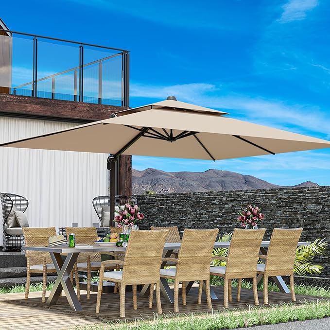 10x13FT Cantilever Outdoor Patio Umbrellas, Double Top Large Rectangle Umbrella, Heavy Duty 360° Rotation Offset Outdoor Sun Shade Umbrella for Garden Deck Pool Backyard Patio, Beige ZLACUIU