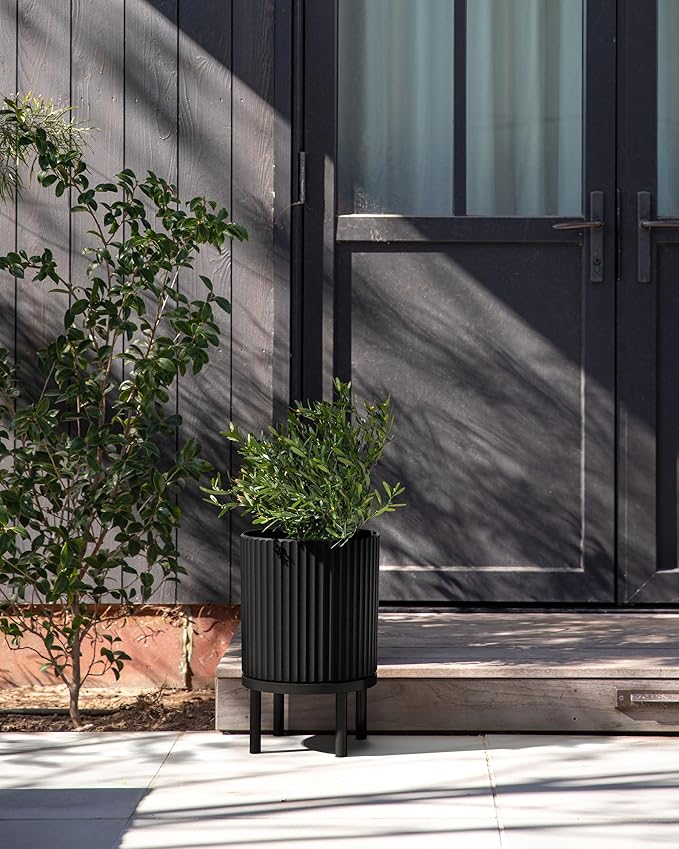 Veradek Demi Series Round Planter w/Stand for Porch/Patio | Durable Plastic-Stone Composite & Wooden Stand | Modern Décor for Tall Plants, Flowers VeradekOutdoor