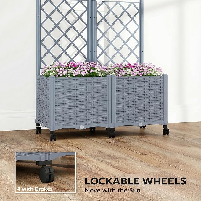 Outsunny Planter Box with Trellis, Self Watering Raised Garden Bed with Lockable Wheels, 56.3" Trellis Privacy Planter with Drainage Holes for Climbing Plants, Vines, Vegetables, Flowers, Gray Outsunny