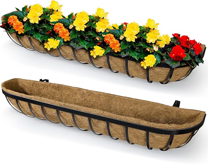 2 Pack 30 Inch Window Deck Railing Planter Boxes with Coconut Liner, Large Hanging Window Flower Boxes Metal Railing Planter for Balcony Fence Porch (2, 30 Inch) BeapTcely