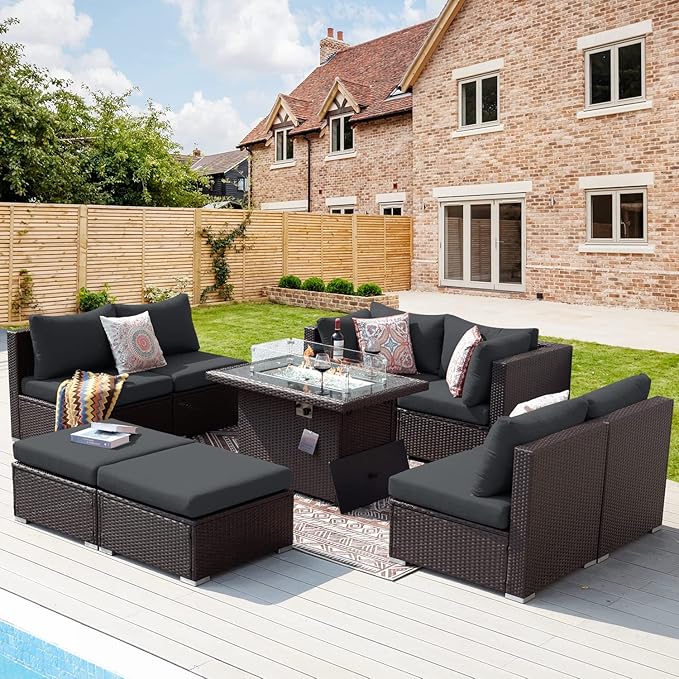 NICESOUL 8 Seat Extra Large Patio Furniture Set with Firepit Table Natural Gas/Propane, 29.3'' High-Back Luxury Outdoor Sectional Conversation Sets for 6 People, Brown Rattan and Dark Grey Cushion NICESOUL