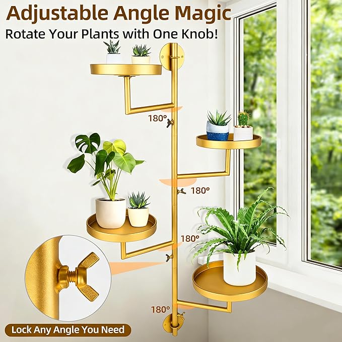Rotating Window Plant Shelves with Adjustable Knobs, 4 Tiers Metal Wall Shelf for Plants Indoor, Sturdy Hanging Plant Holder, Window Wall Decor & Gardening Gifts (Golden) Rootora