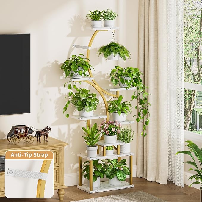 Plant Stand Indoor with Grow Lights - 62" Tall Plant Shelf, Lighted Corner Plant Stands for Indoor Growing, 8 Tiered Large Flower Holder, S-Shaped Plants Rack for Living Room, Bedroom, Faux Marble BACEKOLL