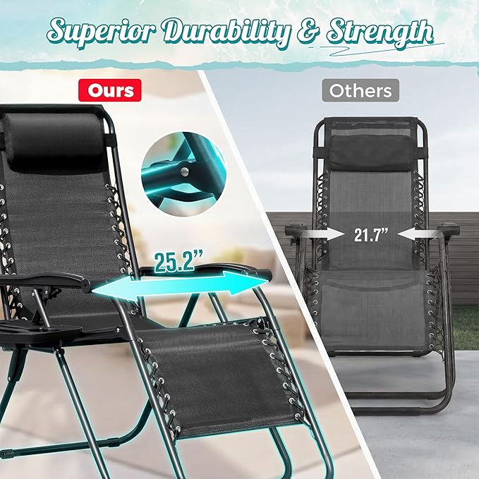Homall Zero Gravity Chair Patio Folding Lawn Lounge Chairs Outdoor Lounge Gravity Chair Camp Reclining Chair with Pillows for Poolside Backyard and Beach Set of 2 (Dark Black) Homall