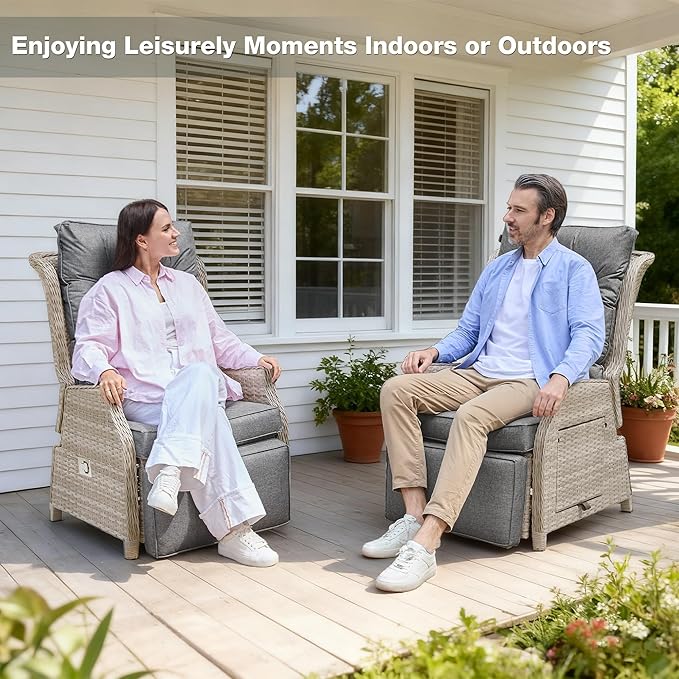 Outdoor Recliner with Adjustable Back and Footrest, Patio 150° Lay Flat Recliner with Flip Table Wicker Reclining Lounge Chair, Grey with Beige Wicker COMLAXFIELD