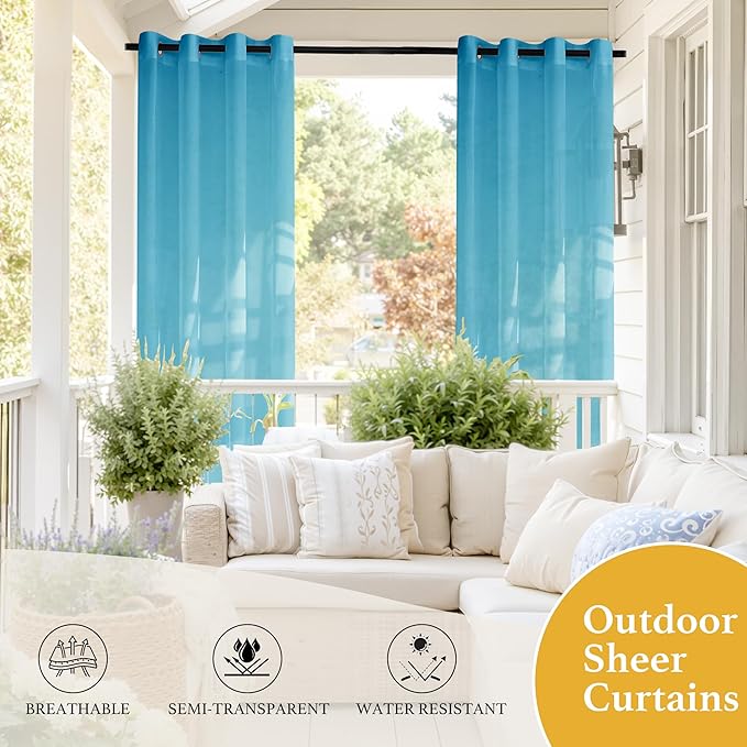 RYB HOME Waterproof Outdoor Curtains - Linen Like Translucent Breathable Sheer Curtains, Quick Dry Easy Slide Draperies for Backyard Patio Verandas, W 54" x L 84", 2 Pieces, Teal RYBHOME