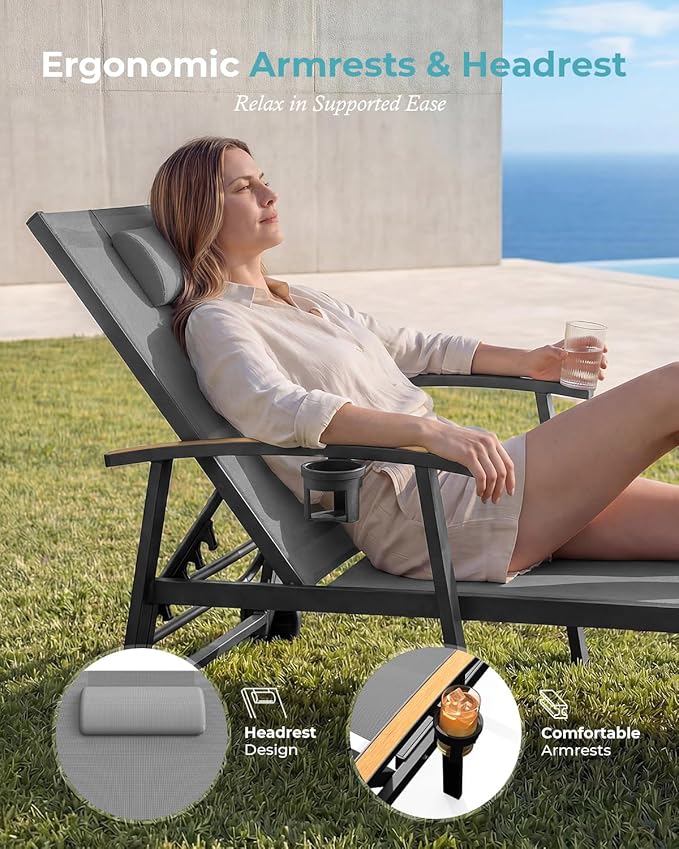 Ciokea Outdoor Lounge Chair with Pillow, 5-Position Aluminum Chaise Lounge with Wheels & Armrests, 400 lbs Heavy Duty Patio Pool Chair for Deck, Backyard, Beach & Poolside, Grey CIOKEA