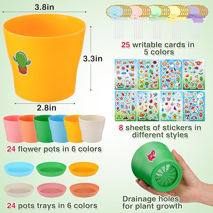 Durable Resin Garden Pot Craft Kit for Kids- 24 Pack Colorful Flower Plant Spring Crafts with Super-adhesive Stickers & Blank Labels School Activities Growing Kit for Classroom Home DIY Gift 4+ years Cosweet