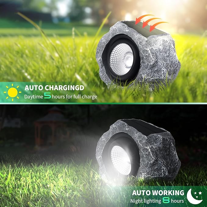 4 Pack Solar Rock Lights Outdoor, Angle Adjustable Solar Lights Outdoor Waterproof, LED Solar Garden Lights, Auto On/Off Landscape Lighting for Yard Pathway Patio Flower Bed - White Glow (Stone Gray) DGSCAK