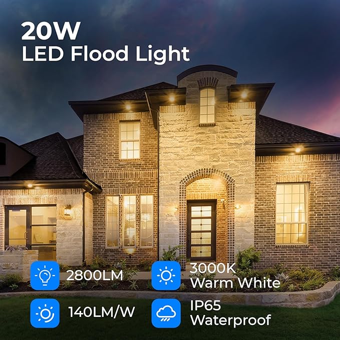 CINOTON 20W LED Flood Lights Outdoor, IP65 Waterproof Exterior Security Wall Light with 180°Knuckle, 2800LM 120V Outside Aluminum Lighting Fixture for Yard Patio Garage Doorway 3000K 2 Pack, UL Listed CINOTON