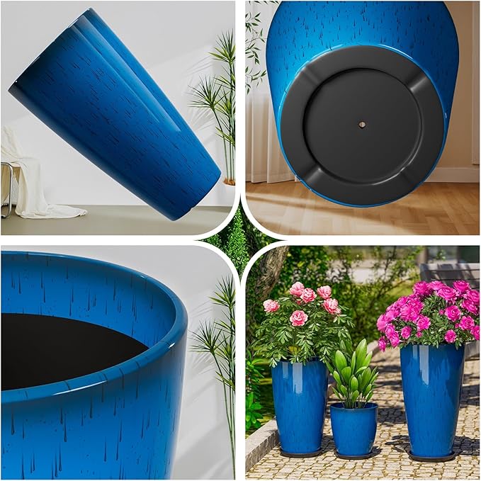QCQHDU 24,21,11 inch Large Planters with Drainage Hole & Saucer, Set of 3 Plant Pots Tall Planter for Indoor & Outdoor Plants Home Modern Decor QCQHDU