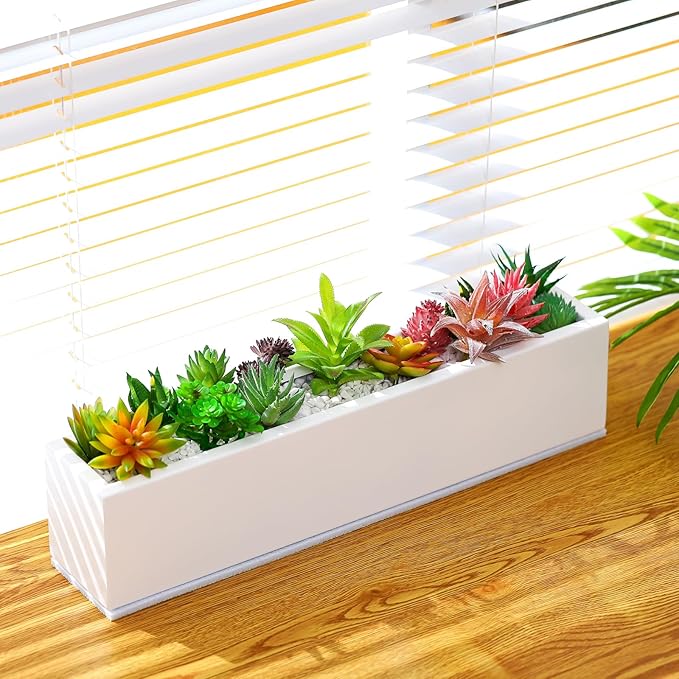 16.1 x 3.2 x 3.5 Inch Long Rectangular Planter Box Window Sill Plant Box Metal Water Trough Indoor Large Modern Steel with Drainage Holes Herb Garden Home(White) FillTouch