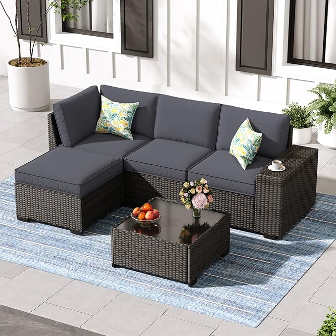 Jing's Villa 5-Piece Patio Furniture Set, All-Weather Outdoor Wicker Sectional Sofa with Cushions, Tempered Glass Table & Ottoman, Rattan Conversation Seating for Porch, Garden, Backyard,Grey JingsVillaOutdoorFurniture