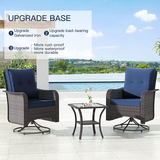 Kullavik 13 Pieces Outdoor Patio Furniture Set,PE Wicker Rattan Sectional Sofa Patio Conversation Sets with 43" 55000BTU Gas Propane Fire Pit Table,Swivel Rocking Chairs Set,Navy Blue KULLAVIK
