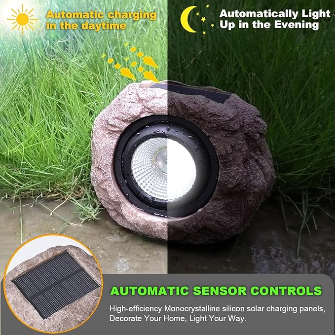 Solar Rock Lights Outdoor Garden Waterproof - Super Bright LED Solar Spotlights, Solar Powered Landscape Path Decorative Garden Stone Lights for Pathway, Walkway, Yard, Patio (2 Pack) Candieslife