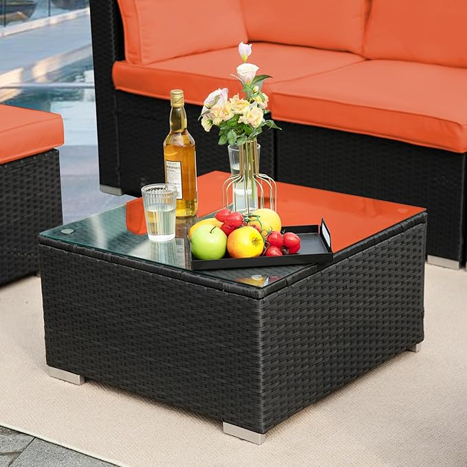 7-Piece Patio Furniture Set - Outdoor Sectional Sofa Set with Cushions and Glass-Top Coffee Table for Gardens, Poolside, Backyards and Porches, Black/Orange ZJEYEJZ